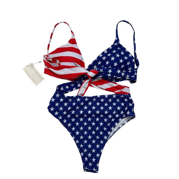 CHYRII *NEW* American Flag Sexy Criss Cross High Waisted Cut Out Swimsuit Sz XL - Picture 3 of 5